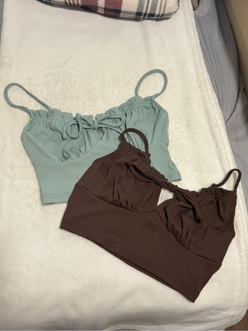 SHEIN Mint & Chocolate Ribbed Tie-Front Cropped Camisole Duo